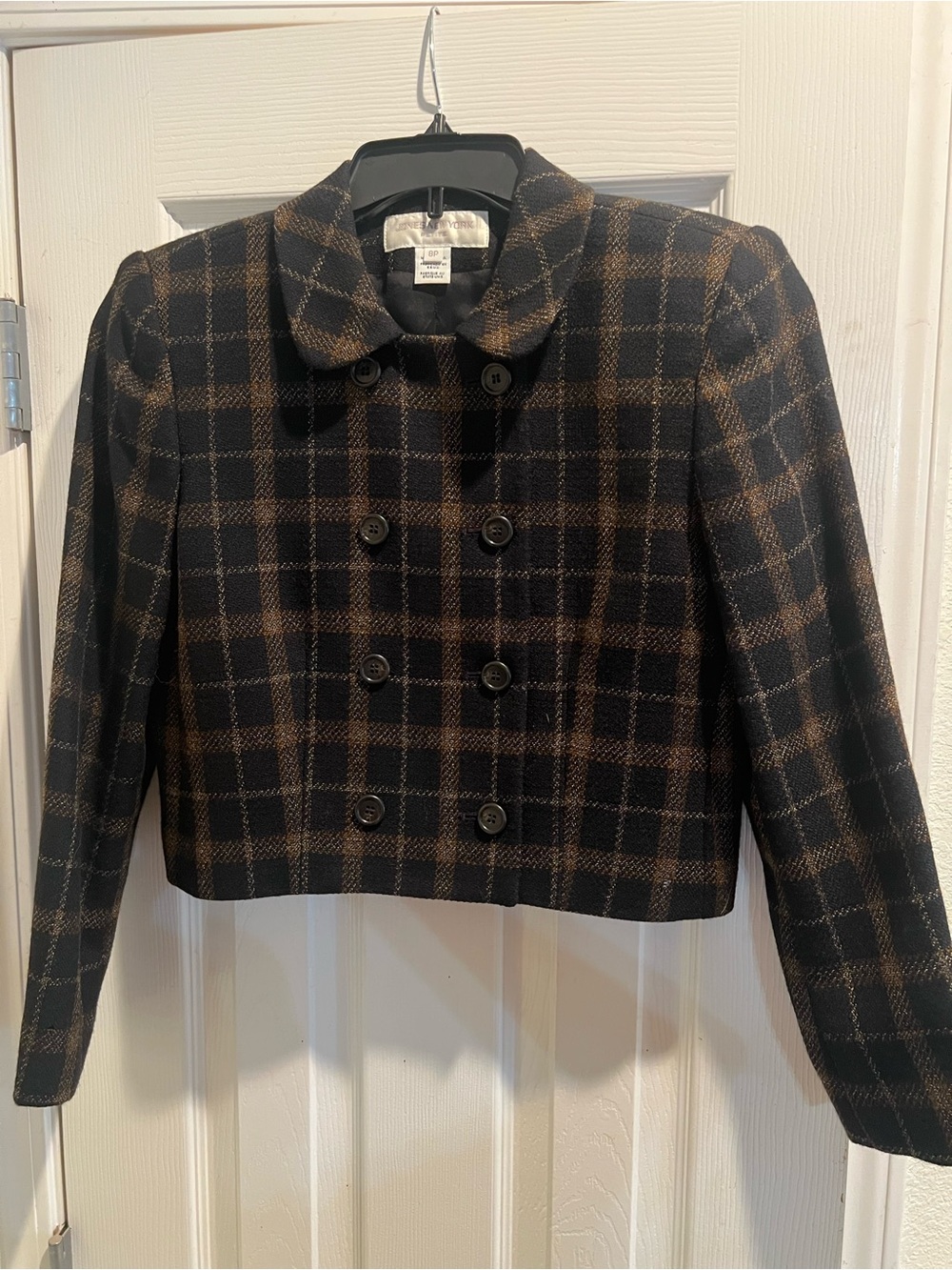 Jones New York Black and Brown Plaid Cropped Double-Breasted Blazer